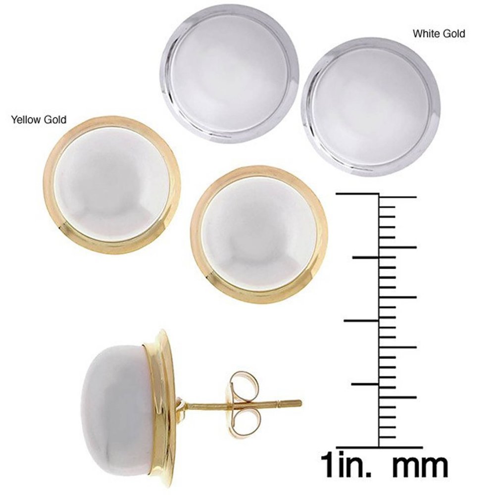 11 mm white cultured GENUINE PEARL button stud earrings 14 kt white gold border